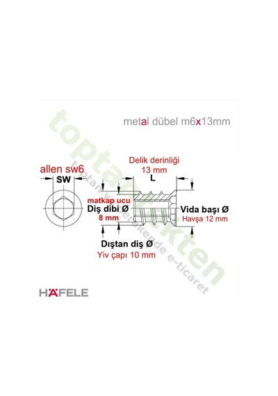 Hafele Dübel Çelik Galvaniz Havşa Başlı M6X13Mm