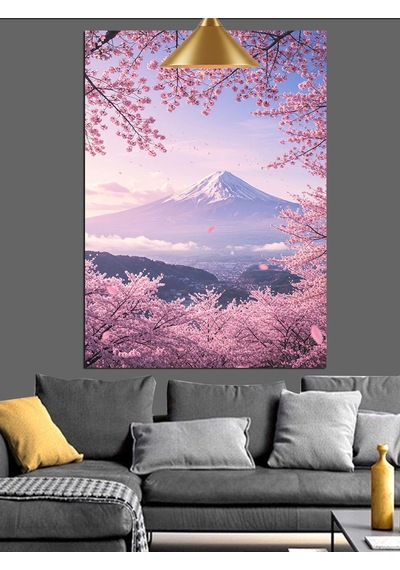 Japonya'da Kiraz Çiçekleri Arasında Fuji Dağı Dekoratif Kanvas - Mdf Ahşap Tablo