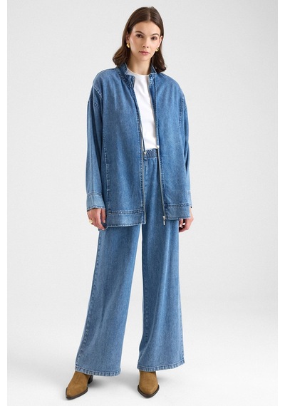 Olcay Fermuar Kapamalı Bağcık Detaylı Soft Denim Ceket Pantolon İkili Takım Mavi 9468-tk
