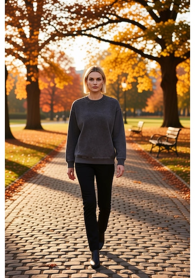 Benerly Kadın Bisiklet Yaka Düşük Kol Eskitme Efektli Regular Sweatshirt Antrasit