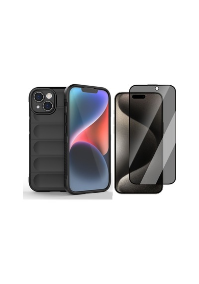 Vendas Apple iPhone Uyumlu  15 Kılıf Esnek Tpu Oyuklu Arka Yüzey Zore Etnik Silikon Kapak + Hayalet Ekran Koruyucu Siyah