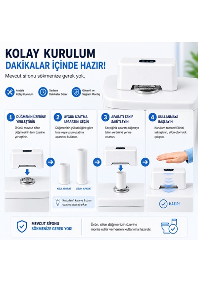 Hpytech Temassız Otomatik Tuvalet Sifonu Şarjlı Hareket Sensörlü Usb Şarjlı Ipx5 Su Geçirmez Üstten Basmalı Rezervuar Uyumlu Beyaz