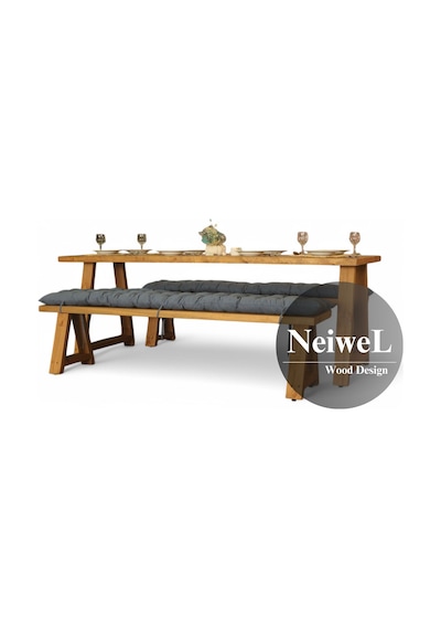 Neiwel Dore Doğal Ahşap Banklı Yemek Masası Takımı-80-220 Takım Açık Ceviz