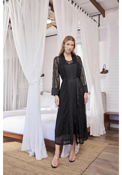 Ang Butik Kadın Uzun Kollu Dantelli Ve Kuşaklı Sabahlık Takımı Siyah