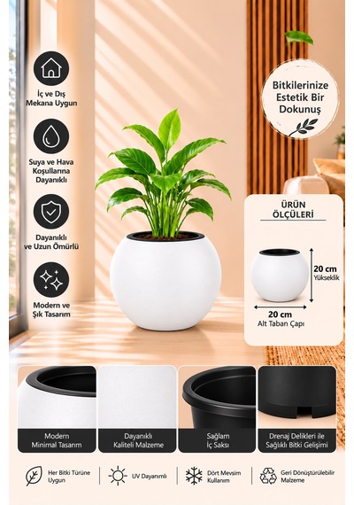 20x20 Cm Yuvarlak Dekoratif Saksı İçlikli, Modern Tasarım Salon Ve Bahçe Saksısı 9 Litre -