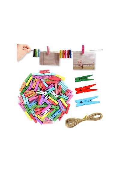 İpli Mini Mandal Seti - 50 Li Paket - Karışık Renkli Set Çok Renkli