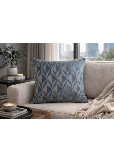 Mavi Geometrik Desenli Keten Kırlent Kılıfı 43x43 Cm Premium Collection Mavi - Gri