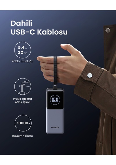 Ugreen Nexode 20.000 Mah 130 W Akıllı Ekranlı Dahili Kablolu Hızlı Şarj Powerbank, 55365b Gri