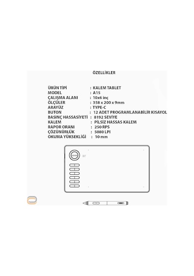 Veikk A15 8192 Levels Zoom Uyumlu 5080LPI Grafik Tablet + Kalem