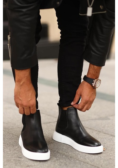 Shoetyle - Siyah Hakiki Deri Erkek Chelsea Bot - Beyaz Taban - 250-041 -1164 Siyah