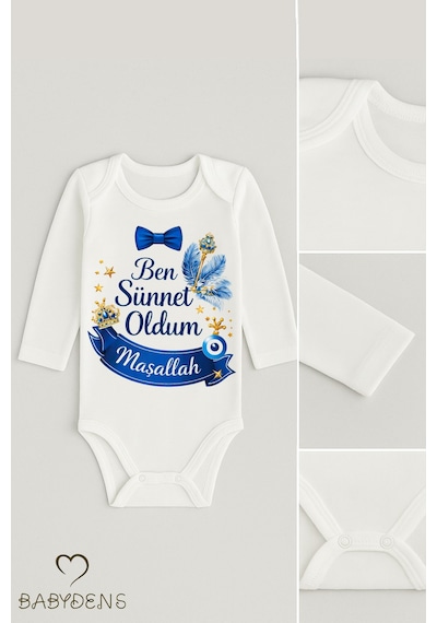 Babyden's Sünnet Kıyafeti Erkek Bebek Body Pamuk Ben Sünnet Oldum Maşallah Baskılı Zıbın Uzun Kol Body Beyaz