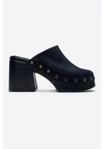 Luvishoes Bellune Lacivert Süet Hakiki Deri Perçin Detaylı Kadın Kalın Topuklu Terlik