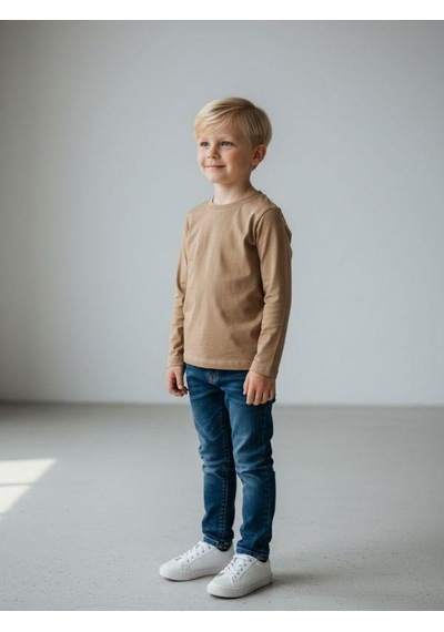 Zekids Erkek Çocuk Pamuklu Bisiklet Yaka Uzun Kollu Basic T-shirt-16775 Bej
