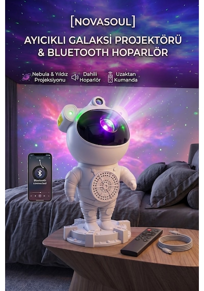 Ayıcıklı Astronot Galaksi Projektörü Ve Bluetooth Hoparlörlü Yıldız Gece Lambası Beyaz