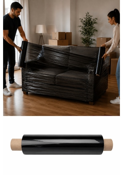 El Tipi Siyah Streç Film Mobilya Eşya Koli Palet Paket Taşıma Sarma Koruma 40 Cm X 300 M 17 Mikron