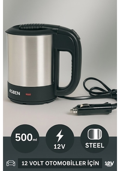 Asben 12 Volt Oto Araç Kettle Araba Su Isıtıcı Çelik Kettle Yarım Litre Hacim