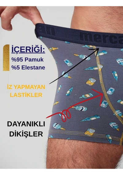 Mercan Erkek Boxer Şişe, Rota, Geyik Desenli 3'lü Paket - Rahat Kesim Çok Renkli