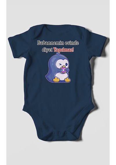 Babaannemin Evinde Diyet Yapılmaz Baskılı Bebek Zıbını Çıtçıtlı Body %100 Pamuk Kısa Kol Lacivert