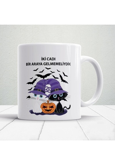Iki Cadı Bir Araya Gelmemeliydik - Cadı Kediler Kedili Kupa Beyaz