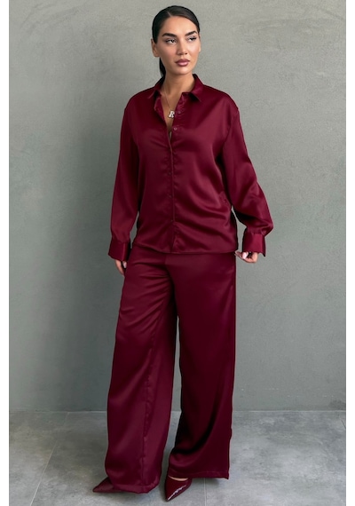 Madmext Bordo Saten Gömlek Pantolon Takım Mg2745
