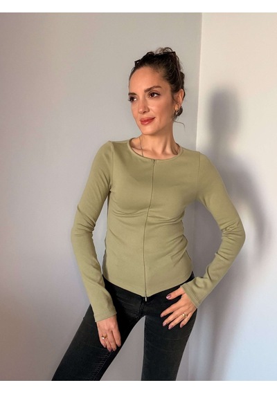 Ali Butik Çağla Çift Fermuarlı Uzun Kollu Bluz Çağla