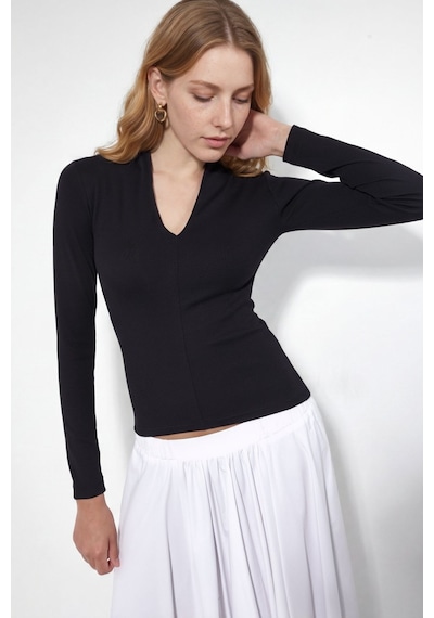 Hiccup Busem Slim Fit V Yaka Uzun Kollu Bluz Siyah