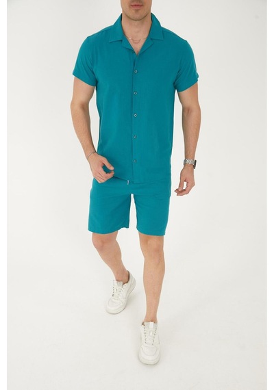 Mfz Giyim Keten Petrol Mavi Renk Slim Fit Erkek Şort - Gömlek Alt Üst Takım