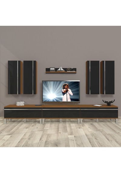 Decoraktiv Eko 8d Mdf Krom Ayaklı Tv Ünitesi Tv Sehpası Ceviz - Siyah