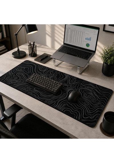 90x40 Cm Mouse Pad, Beyaz Topografik Kontur Desenli Büyük Mouse Pad, Kaymaz Kauçuk Tabanlı, Dikişli Kenarlı 3 Mm Klavye Ve Mouse Altlığı, Minimal Desk Mat