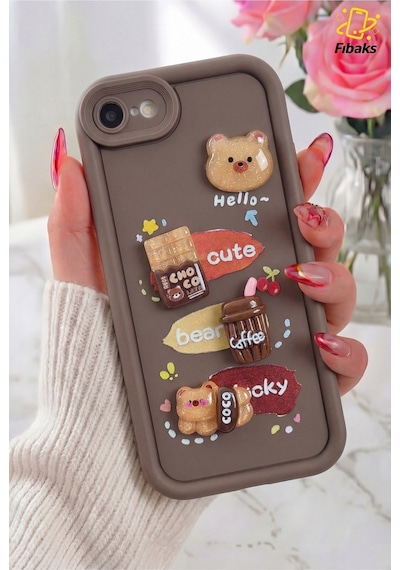 Fibaks iPhone 7/8/se Uyumlu Kılıf Tasarımlı Desenli Kamera Korumalı Ayıcık Kahve Renkli Yumuşak Silikon Kap