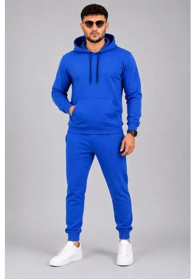Oada Erkek İki İplik Kapüşonlu Kanguru Cepli Sweatshirt Jogger Pantolon Alt Üst Eşofman Takımı -saks Mavisi