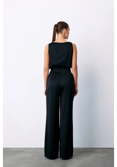 Sateen Aksesuarlı Krep Saten Pantolon Siyah
