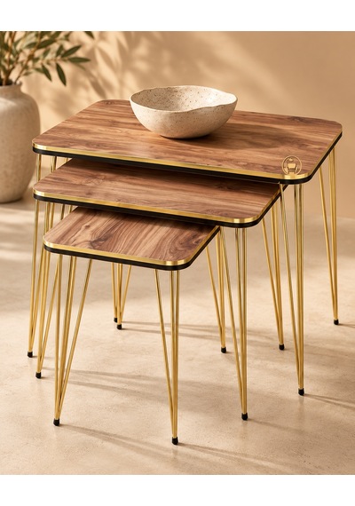 Odera Ceviz Detaylı Zigon Sehpa 3'lü Set Metal Ayaklı Modern Retro Salon Sehpası Diğer