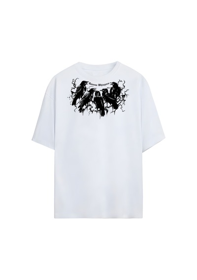 Noıssey Ravens Whispers Tasarımlı Unisex Oversize T-shirt Beyaz