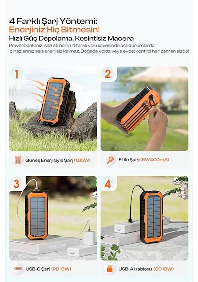 Güneş Enerjili Powerbank 20.000 Mah Taşınabilir Şarj Dahili Kablo Solar Şarj Cihazı Siyah - Turuncu