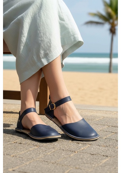 Bodhi Handcraft Kadın Barefoot Hakiki Deri Minimalist Günlük Sandalet El İmalatı Lacivert