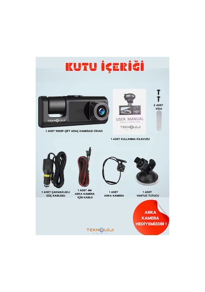 Araç İçi Kamera Ön Arka Ve İç Kayıt 3 Kamera Gece Görüşlü G Sensör Geniş Açı 1080p Dash Cam Full Hd