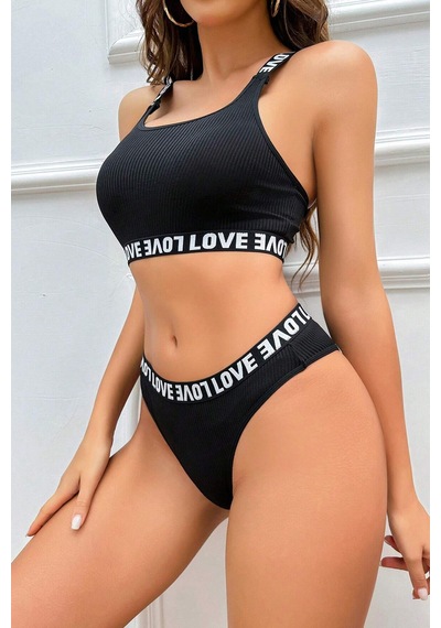 Epilons Zenviaatt2 Kadın Siyah Çapraz Sırt Ve Love Lastik Detaylı Sütyen Külot Takım Zenvi312