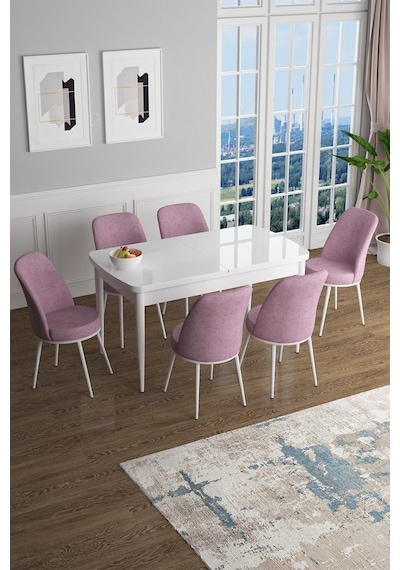 Canisa Han Serisi, Beyaz 70x114 Açılabilir Mdf Mutfak Masa Takımı, 6 Pembe Sandalye Masa Beyaz Sandalyeler Pembe