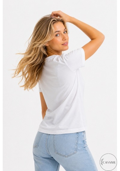 Cassime Kadın Beyaz %100 Pamuk Regular/normal Kalıp Çiçek Nakışlı Örme T-shirt Bej