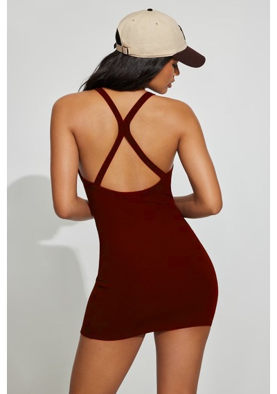 Seeh Bordo Halter Yaka Sırt Detaylı Mini Elbise Sh363 Düz