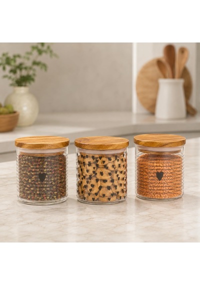 Tr 3'lü Heart Cam Kavanoz Seti 250 Ml, Bambu Kapaklı Kalp Desenli Cam Saklama Kabı, Kahve Şeker Baharat Kuruyemiş Genel