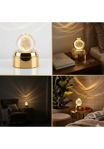 Deinhaus Kristal Küre Ay Lambası, Altın Renkli Taban, Led Işıklı, Masa Lambası, 15 Cm, Sıcak Beyaz Işık Diğer