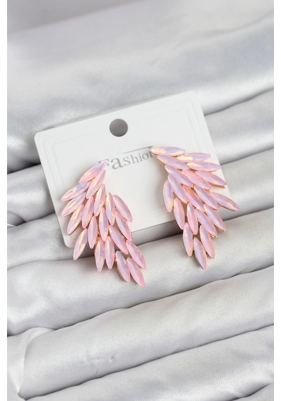 Pembe Renk Kristal Taşlı Kanat Küpe