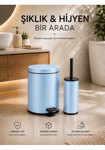 Sas Haus Pedallı Çöp Kovası 3 Litre İç Kovalı Kapaklı Tuvalet Fırçalı Banyo Seti Krom - Titan 7103 Mavi