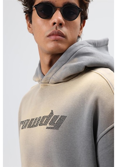 Vamos Oversize Baskılı Yıkamalı Hoodie Füme