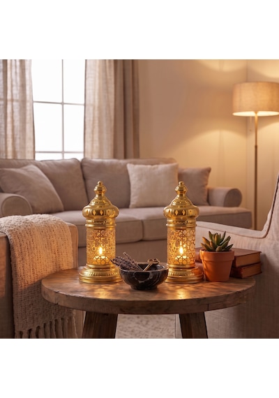 Beyaz Geometrik Metal Fener Selçuklu Yıldızı Çay Feneği Tutucu Minimalist Fas Mum Dekorasyonu Altın
