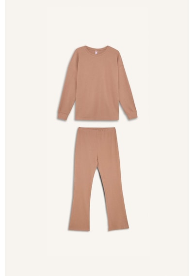 DeFacto Pijama Takımı Regular Fit Basic Düz Uzun Kollu Üst Geniş Bol Paça Alt-Fall in Love D2259AX24WNBG400