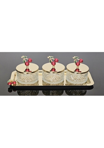 Atabey Home Collection 3'lü Kirazli Gold Tepsili Kase Seti & Şekerlik & Sunumluk & Çerezlik
