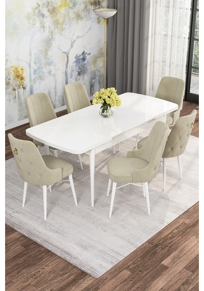 Zümra Serisi, Beyaz 80x132 Açılabilir Mdf Mutfak Masası Takımı 6 Adet Sandalye Krem